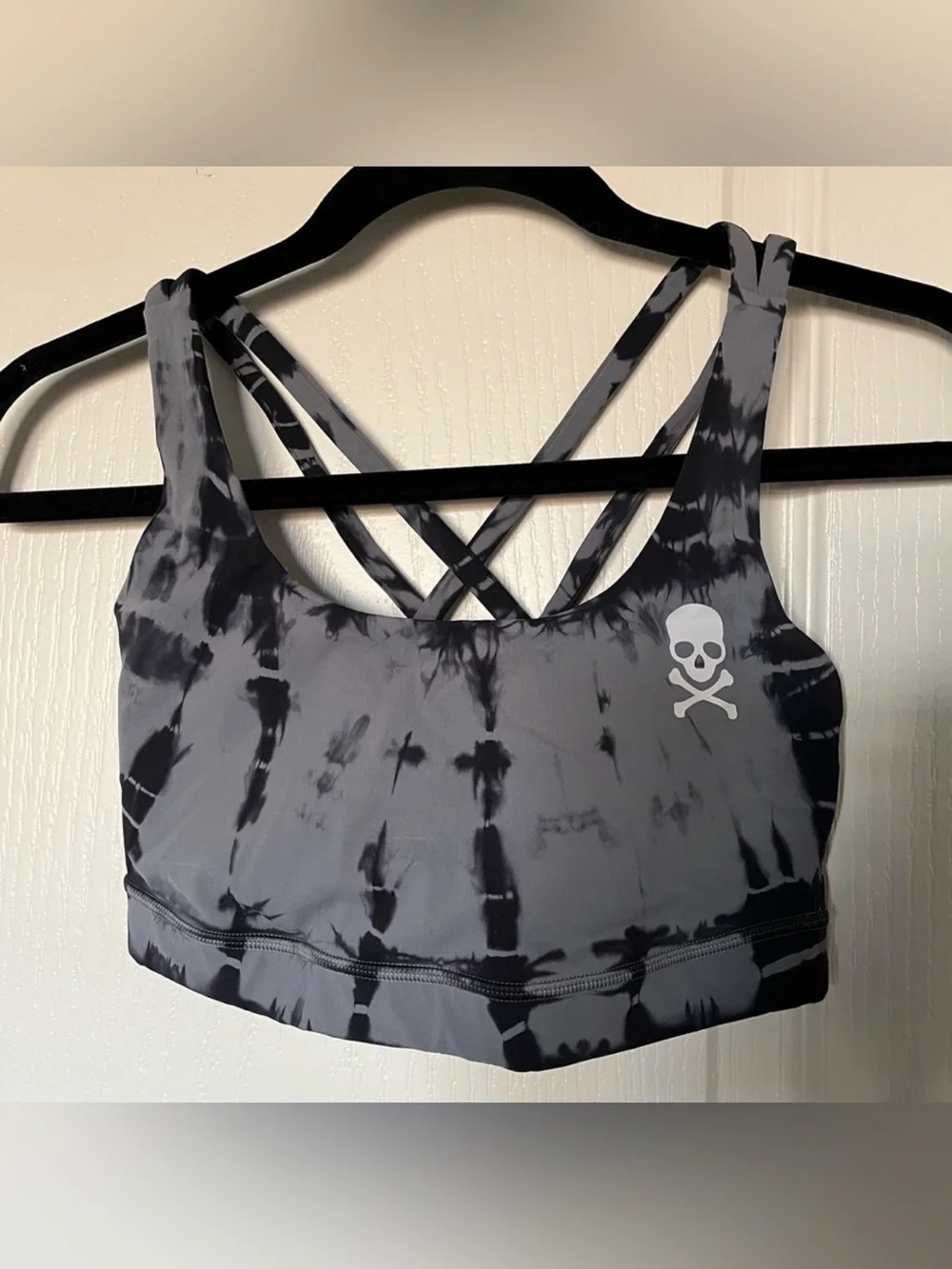 Lululemon Black/Gray, Tie-Dyed, White Skull Logo On Left Side Sports Bar Size 4